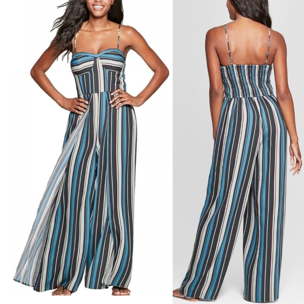 Xhilaration Blue Striped Sleeveless Wide Leg Jumpsuit